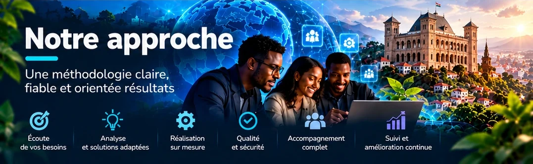 Notre approche : écoute, analyse, réalisation sur mesure, qualité, accompagnement et amélioration continue